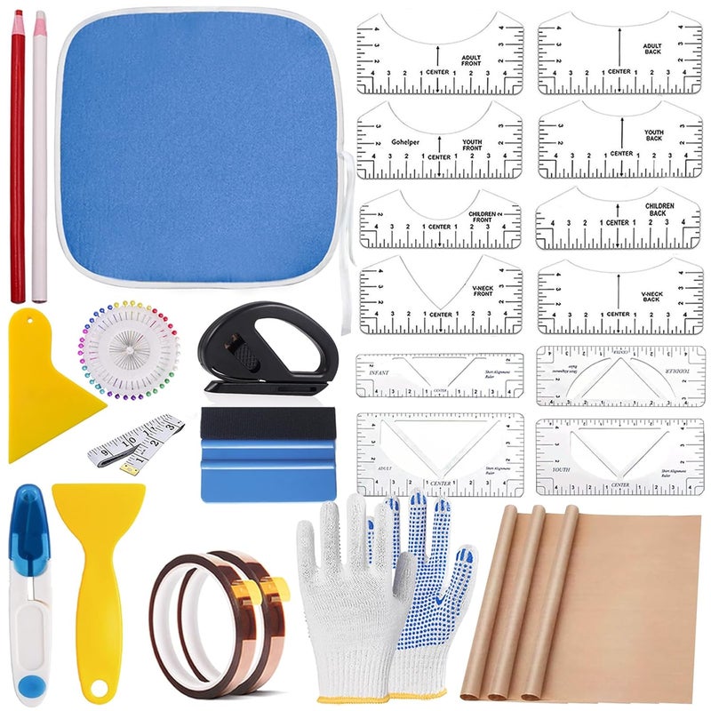 DNSGOOR 67 Pcs Sublimation Shirts Tool Kits for Vinyl Alignment,Portable Pad for Ironing,T-Shirt Rulers Guide and Teflon Sheet for Cricut Heat Press HTV Vinyl Center Designs,Craft Sewing Accessories - Image 1